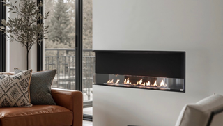 Electric connected BEV fireplace with real flame heating in a modern Net Zero home