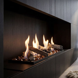 Decoflame BEV Fireplace installed in a luxury all-electric home showcasing a real fire without gas, flue or chimney. Danish-designed net zero fireplace solution for architects, designers and sustainable residential projects.