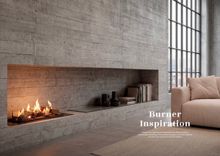 Decoflame LogicWood built-in bioethanol fireplace with ceramic logs in modern concrete wall, luxury ventless real flame BEV fireplace Australia interior design