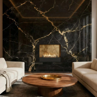 Modern living room with marble wall, fireplace, and beige sofas.
