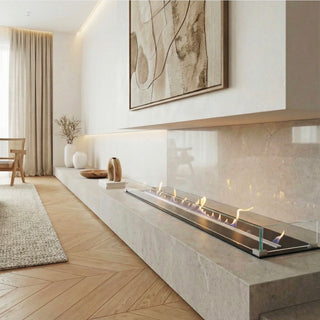 Modern living room with a long linear fireplace and abstract art on the wall.