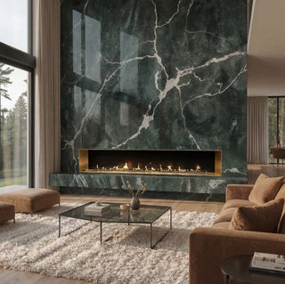 Modern living room with a marble bronze copper fireplace and large windows.