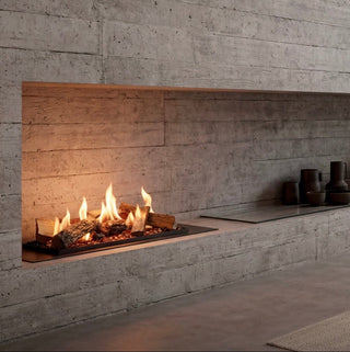 Modern living room with a concrete wall featuring a built-in fireplace.