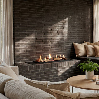 Decoflame BEV Log Fireplace installed into brick wall in living room