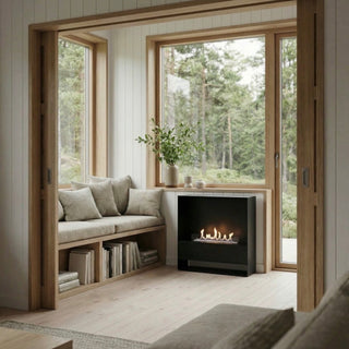 Modern living room with a fireplace and large windows overlooking trees
