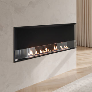 Modern living room with a gas fireplace, sofa, and coffee table.