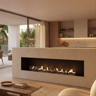 Modern living room with a fireplace, dining area, and kitchen.