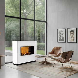 Modern living room with a fireplace, chairs, and large windows.