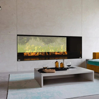 Modern living room with a fireplace, sofa, and coffee table.